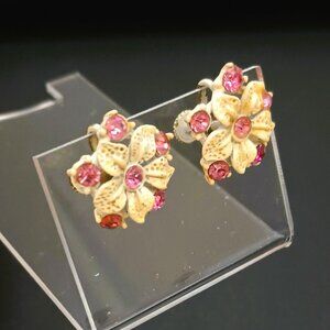 Vintage Star Flower Enamel Earrings Off White Pink Stones Screw Back